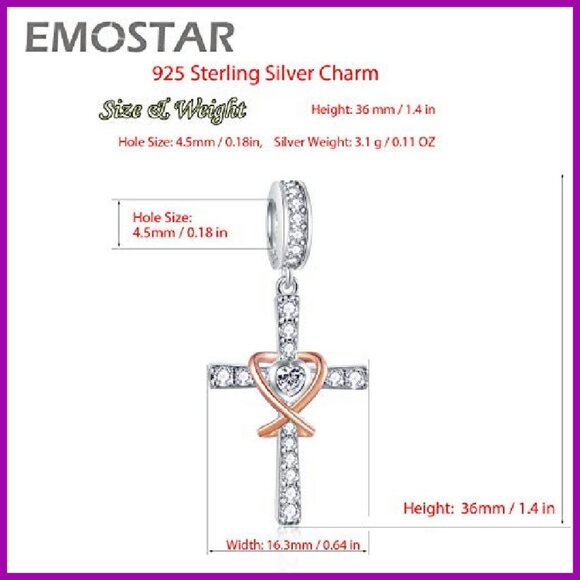 925 Sterling Silver Cross Charm with Cubic Zirconia for Bracelet or Necklace - Picture 6 of 8